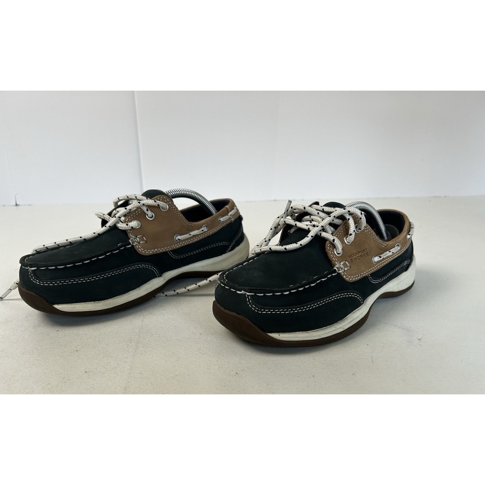 Rockport‎ Works Boat Shoes Womens 7.5W Blue Tan Leather Sailing Club Steel Toe